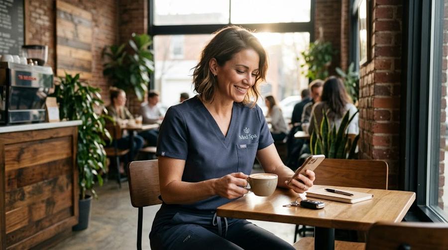 A provider in scrubs smiling at her phone over a latte in a coffee shop