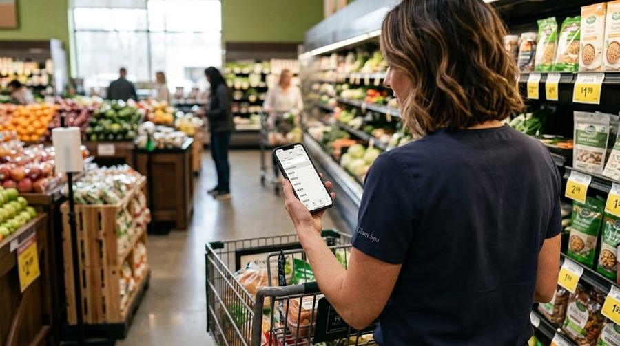 A provider checking her phone while pushing a cart through the produce aisle