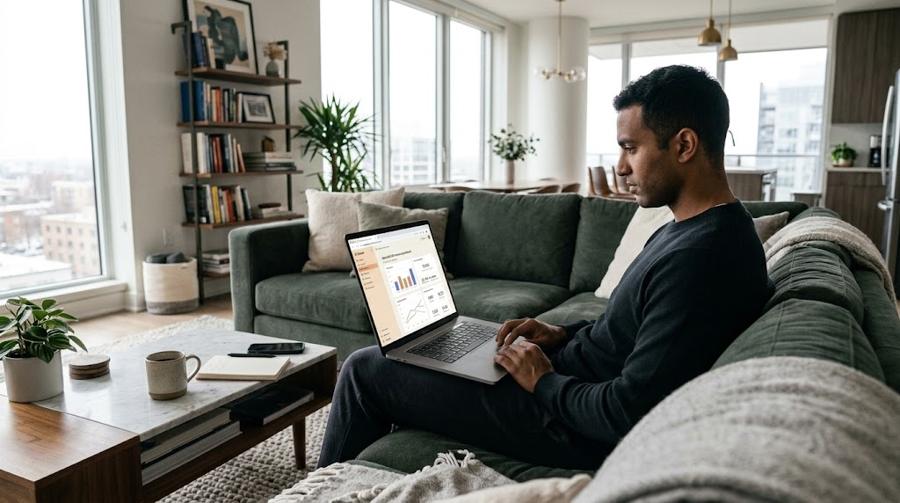 A staff member on his couch at home reviewing a marketing dashboard on his laptop