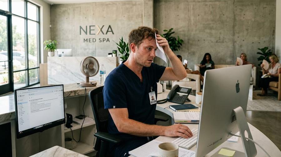 A staff member at the front desk wiping his forehead on a hot day while patients fan themselves in the waiting area